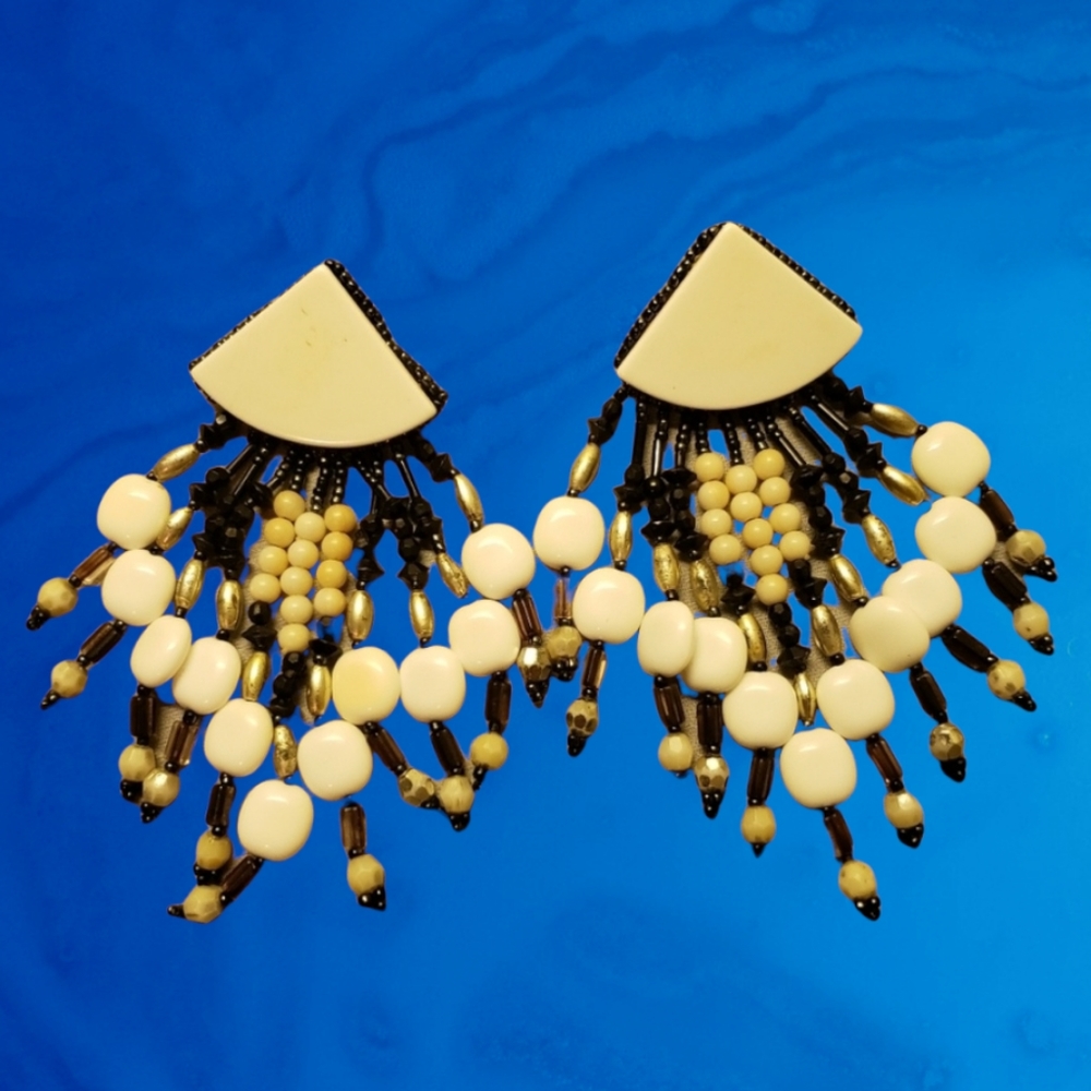 Vtg Leather/Beads Fringe Benefits Earrings
